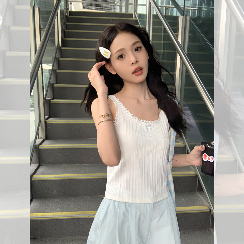 原版面料白色純棉工字吊帶背心女夏季外穿花邊無袖短款甜辣小上衣