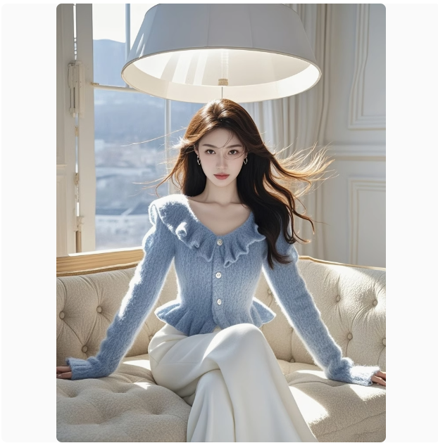 Niche blue ruffled sweater for women 2025 spring Korean chic small fragrance style high-end top