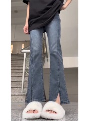 Korean retro American high-waisted micro-flare jeans for women with high waist slim niche design straight slit pants
