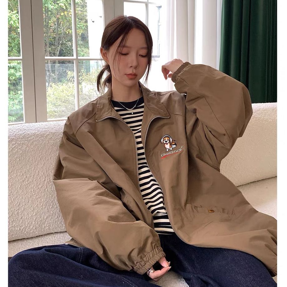 Korean style lazy dog ​​baseball uniform jacket for women Korean spring jacket top stand collar work cardigan