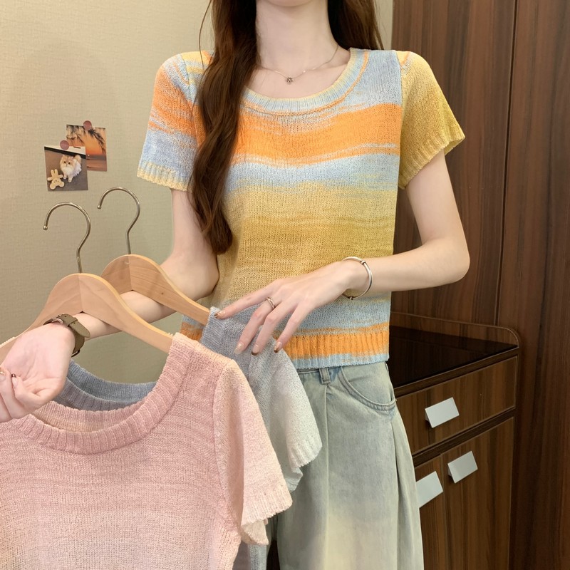 實拍 夏季新款設計感撞色漸變甜美氣質顯瘦減齡圓領短款上衣