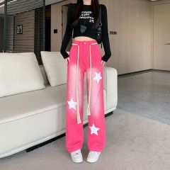 Real shot Korean dopamine outfit pink star jeans female high street hot girl loose straight wide-leg pants