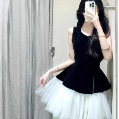 2025新款設計感絲絨拼接芭蕾裙公主風網紗無袖背心連衣裙蓬蓬裙女