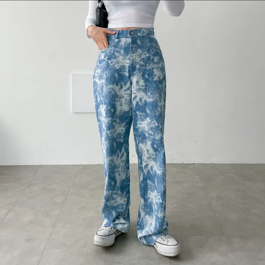 高腰水洗扎染直筒牛仔長褲