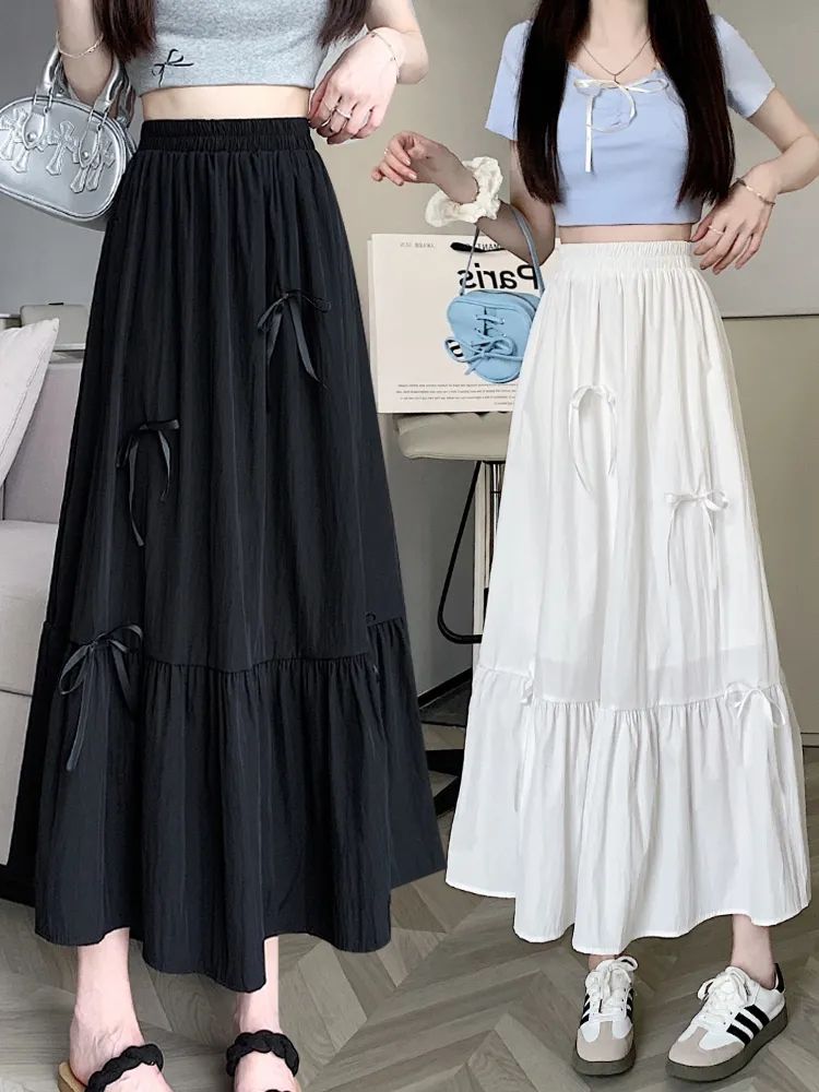 New Summer Style Sweet White Skirt with Bowknot and Patchwork for Petite Girls Cake-Shape Midi Skirt