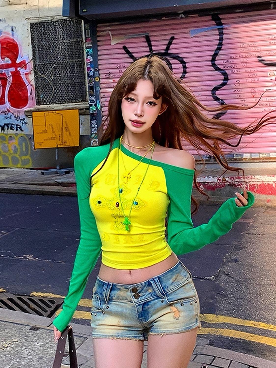 韓國chic春秋季新款設計感撞色燙鑽露肩T恤女辣妹修身顯瘦上衣潮