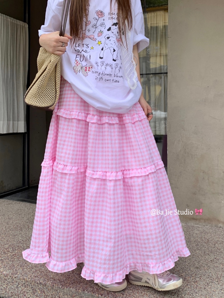 Real shot New Korean version of summer pink tender plaid high waist spliced ​​lace heavy-work cake skirt