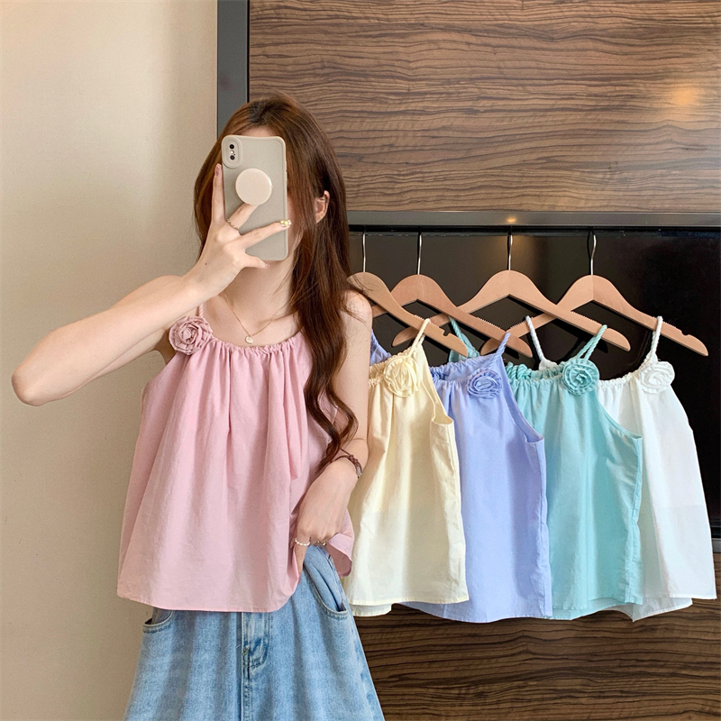 Real shot, new Korean style summer gentle solid color simple suspender doll shirt