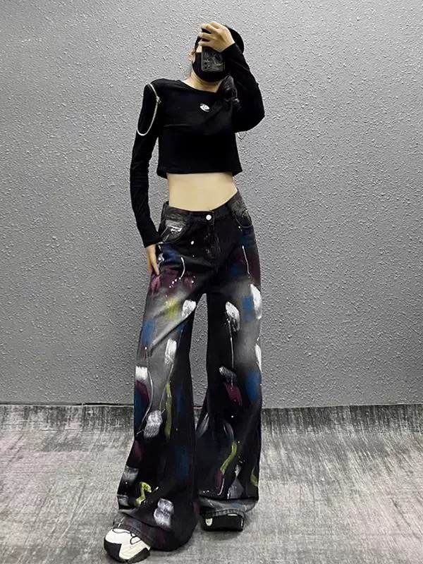 American retro personalized color-blocked wide-leg jeans for women 2025 summer new loose straight floor pants