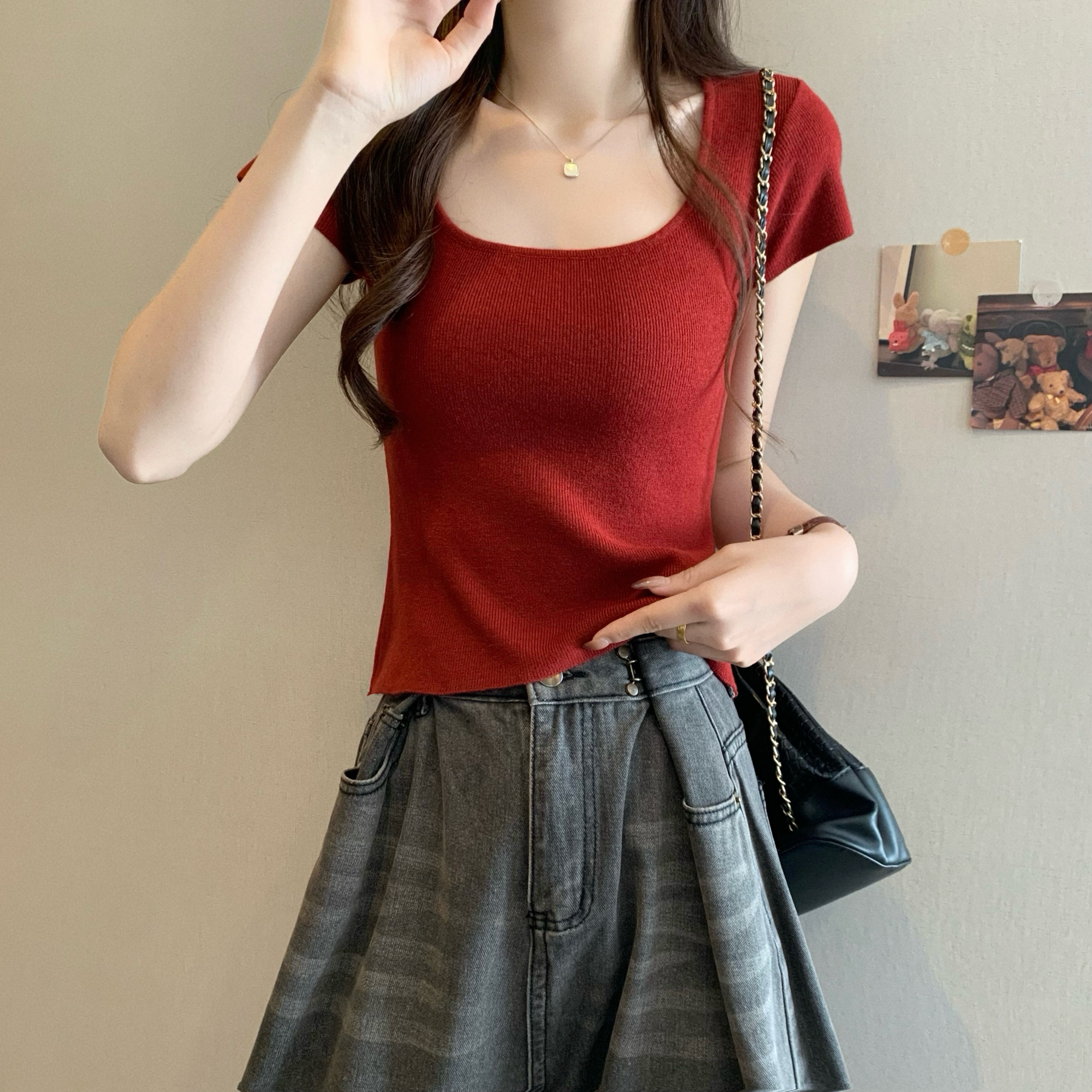 Real shot, new Korean style design, gentle square collar, front shoulder short sleeve short T-shirt