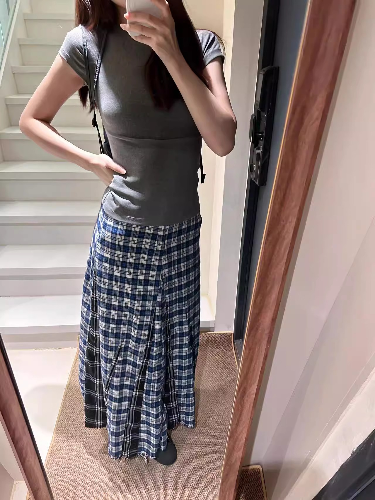 設計感格子半身裙韓國小眾格紋半身裙女毛邊拼接高腰百褶中長裙潮
