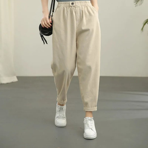 Retro twill casual pants for women solid color elastic waist slimming harem pants nine-point pants