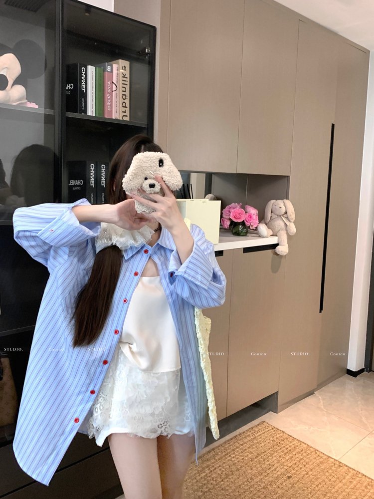 Real photo Korean loose striped shirt lazy long sleeve loose versatile jacket