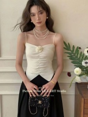 LELART春夏新款百搭純欲褶皺花朵吊帶背心氣質修身針織衫內搭上衣