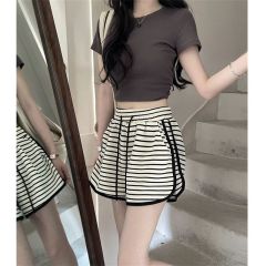 遛彎抽繩條紋休閒褲女夏季寬鬆闊腿褲顯瘦小個子高腰熱褲短褲子