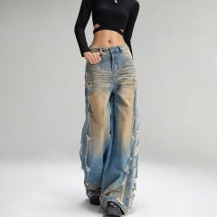 2025 summer teenager trousers wash mid-waisted micro-slim American retro ripped wide-leg loose jeans trendy