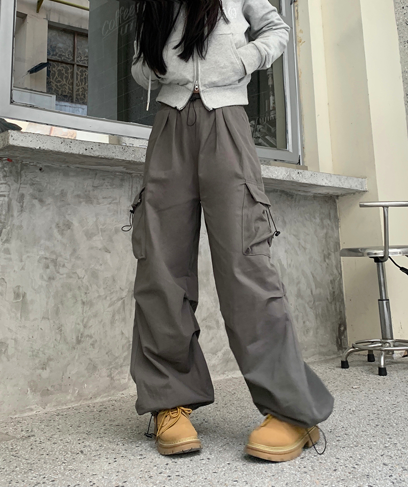 實拍 水洗全棉 美式灰色工裝褲女高腰闊腿寬鬆休閒運動褲