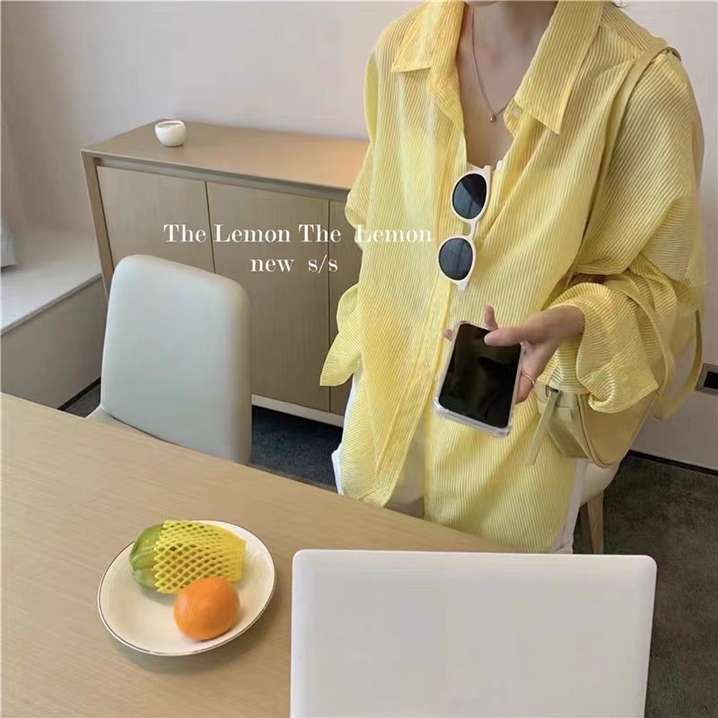 TheLemon Lemon Green Tea Cool Striped Long Sleeve Shirt for Women 2025 Summer Gentle and Fashionable Exterior Sunscreen Shirt