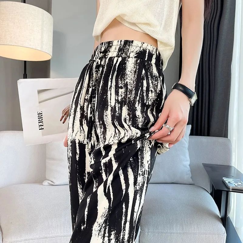 Ink-dyed ice silk wide-leg pants for women 2025 new summer thin draped high-waist chiffon casual straight pants