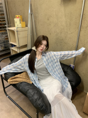 Real photo Korean heavy industry lace spliced ​​plaid shirt vest heavy industry draped pleated skirt