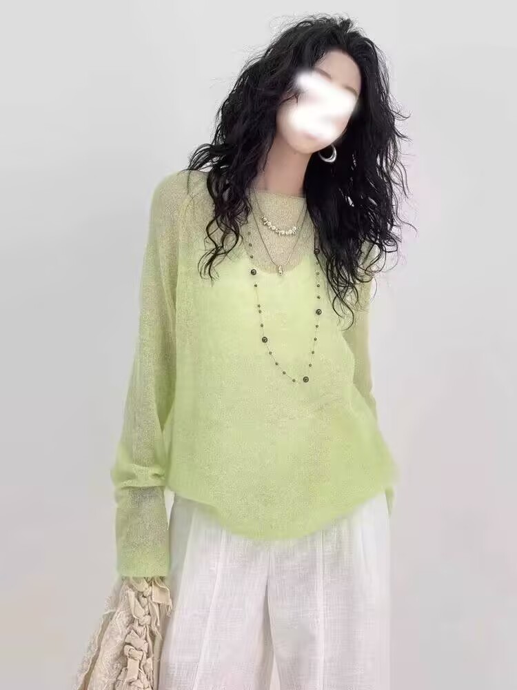 Blue thin knit sweater for women, 2025 early spring new arrival loose fashionable outerwear, layering long-sleeve top