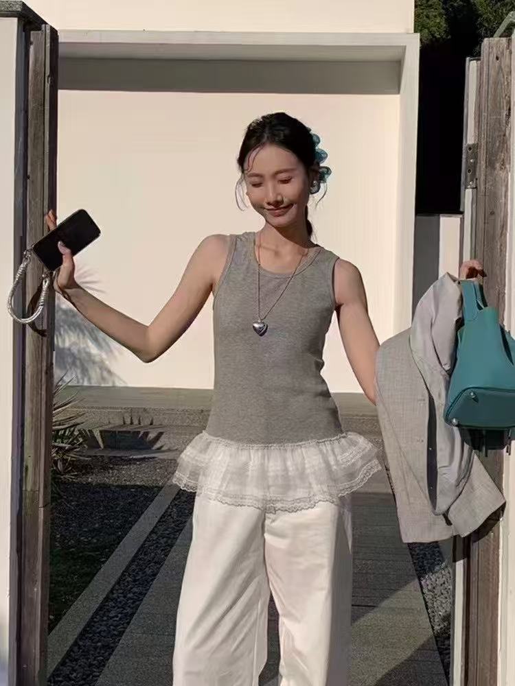 Aixili exquisite ballet style lace spliced ​​vest for women 2025 spring and summer design inner layered sleeveless top