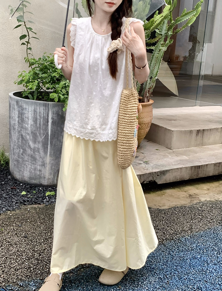 Real shot of lace hollow sweet sleeveless flying sleeve vest temperament high waist skirt two-piece set
