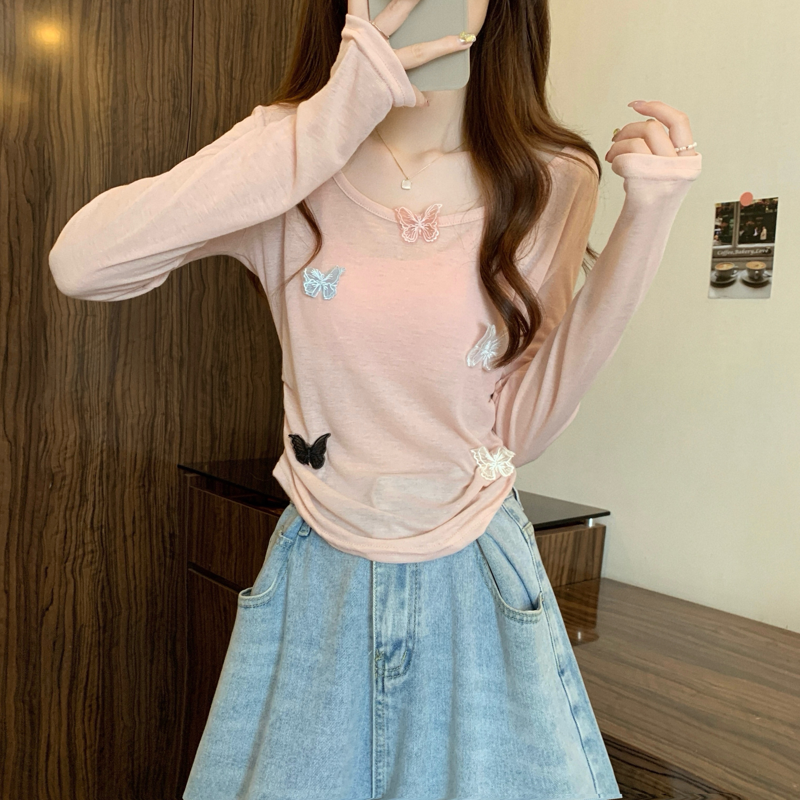 Real shot, new Korean style design, butterfly thin long-sleeved sun protection + inner strap set