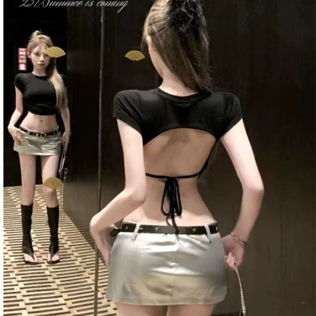 褶皺感性感上衣甜辣露背系帶抽繩純欲t恤女裝夏季修身顯瘦小個子