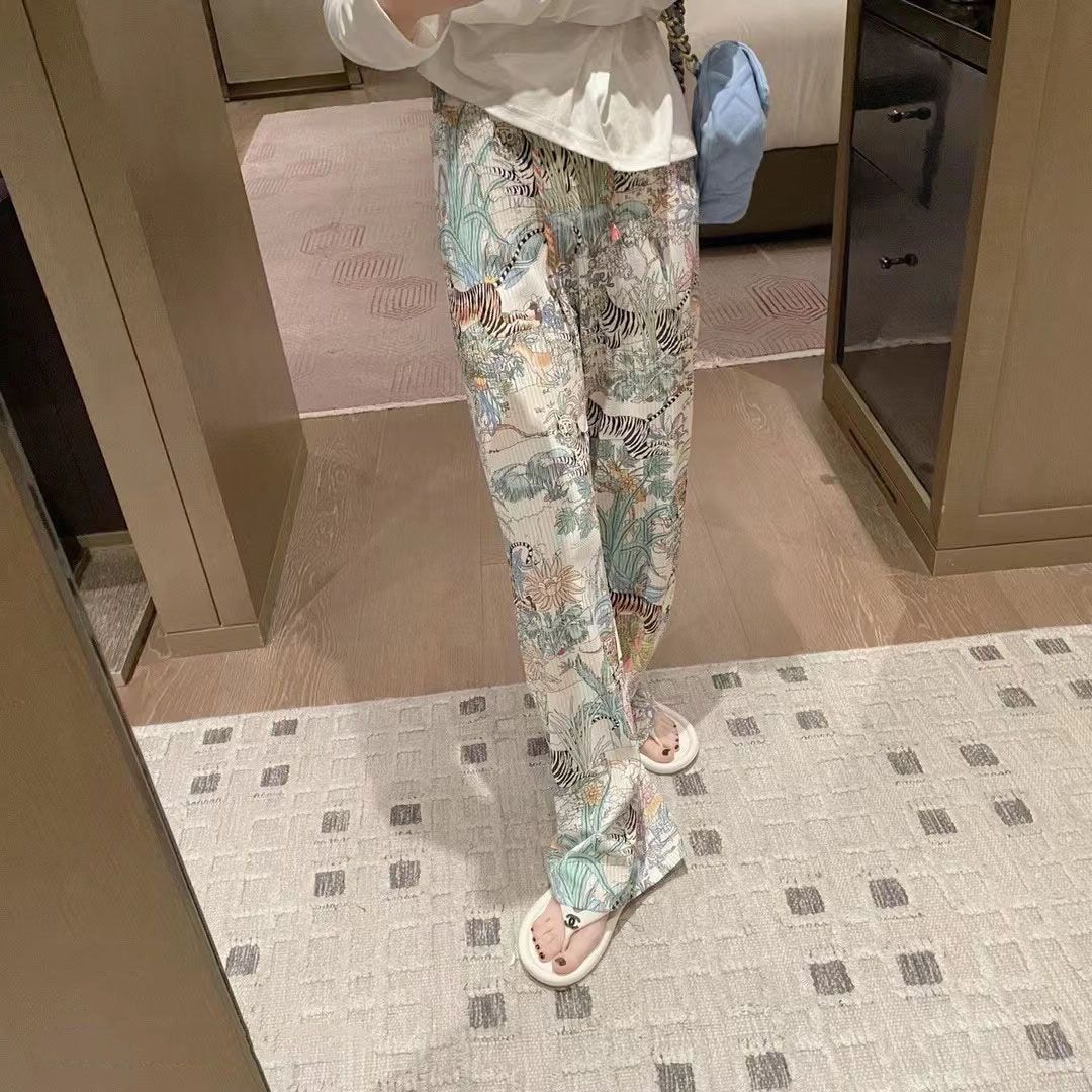 有口袋 老虎印花闊腿褲女夏季新款設計感直筒垂感休閒褲