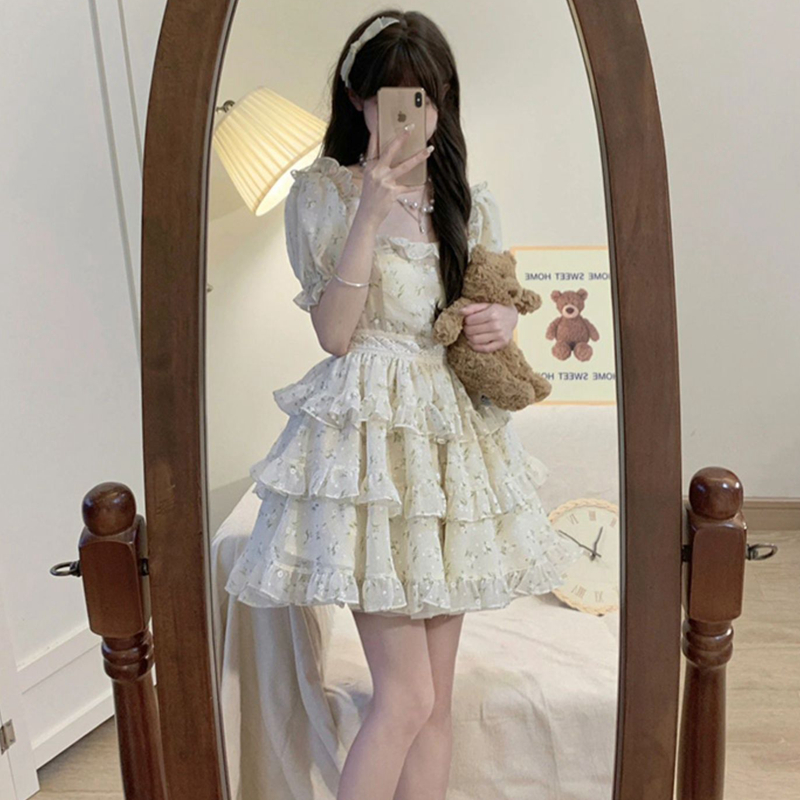 Girly summer fairy-like petite sweet floral cake skirt, escaping princess tea break French style dress