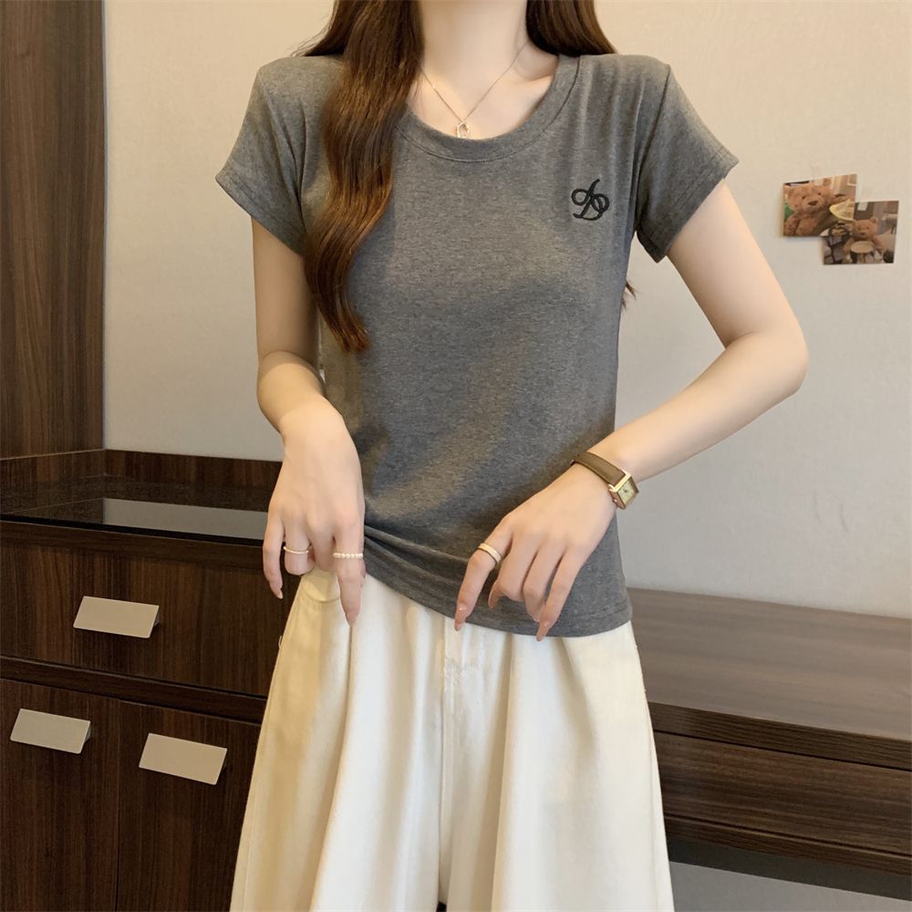 Real shot 40 pure cotton 210g 92 cotton/8 spandex letters short-sleeved T-shirt for women
