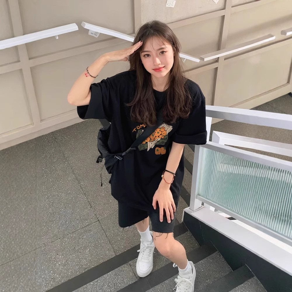 韓國chic純棉後包領2025夏季新款韓版美式印花寬鬆版短袖T恤女潮