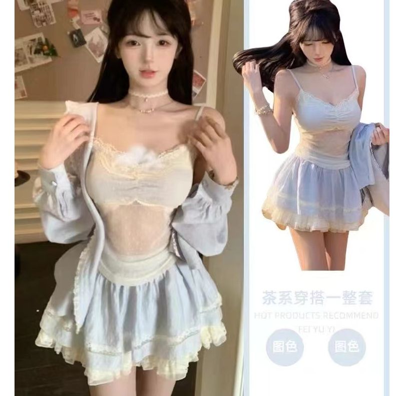 春裝新款設計感長袖襯衫溫柔氣質打底衫半裙顯瘦甜美風三件套