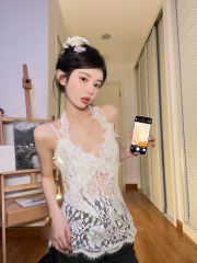 Real shot of layered halter neck lace suspender vest pure and fashionable slim top