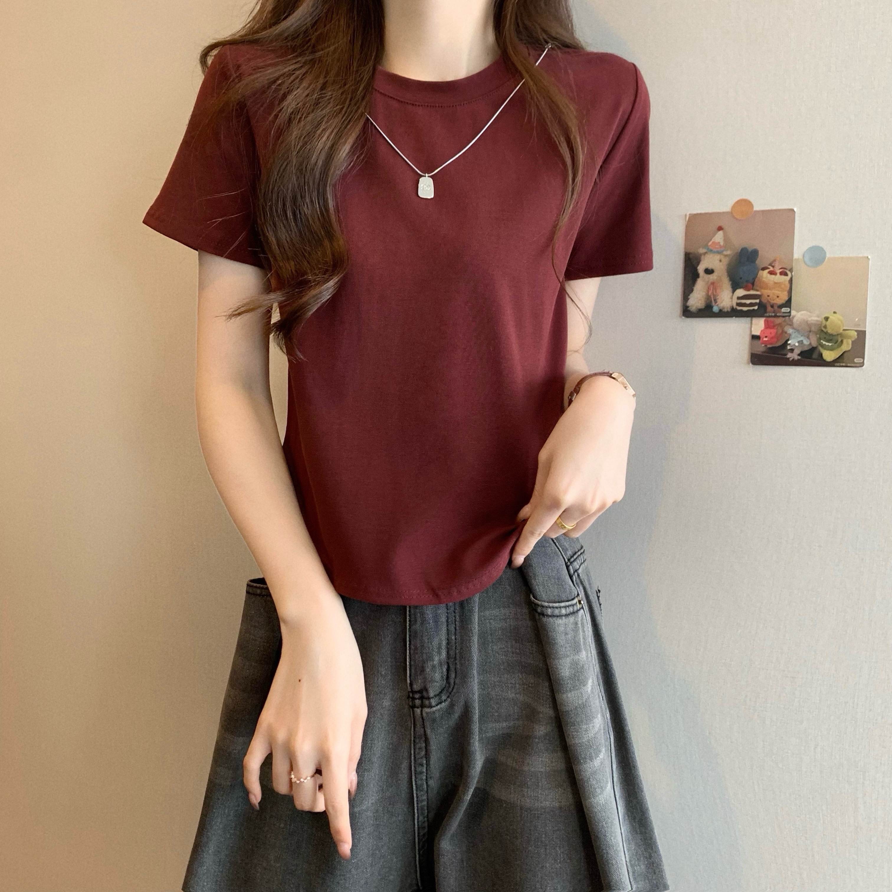 Real shot, new Korean style design, shoulder-length slim short-sleeved T-shirt