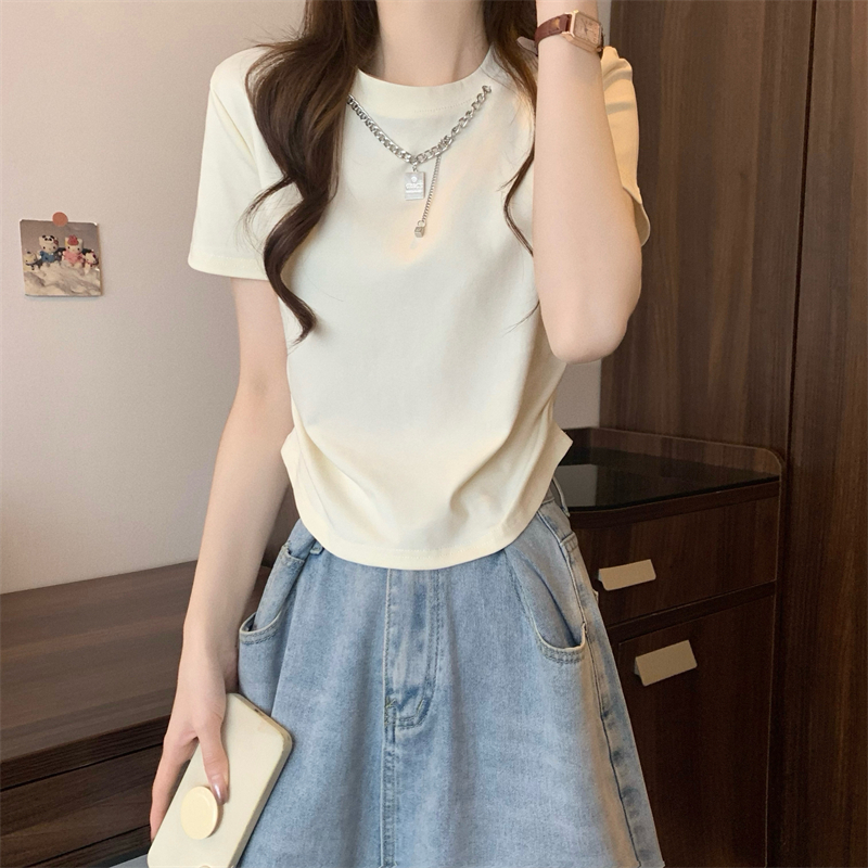 Real shot, new Korean style design, shoulder-length slim short-sleeved T-shirt
