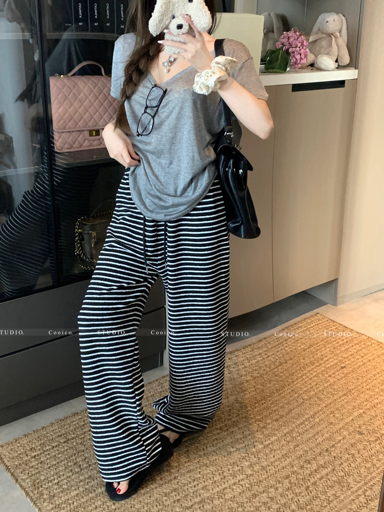 Real shot of lazy striped comfortable casual pants straight and versatile wide-leg pants