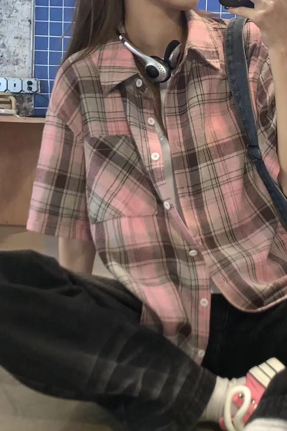 Korean new pink plaid casual shirt for summer new couples same American retro loose short-sleeved jacket
