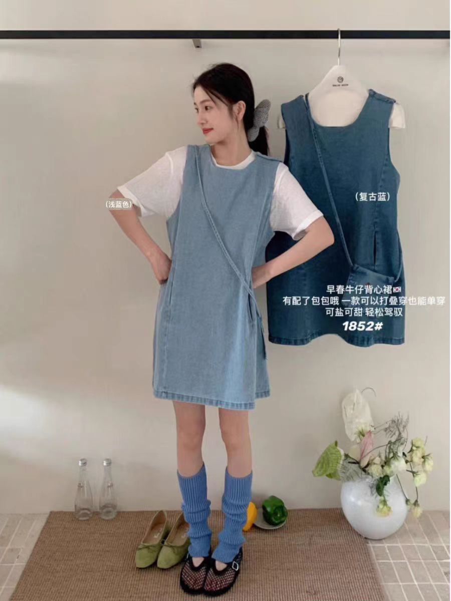 韓系寬鬆減齡舒適配腰包背心連衣裙