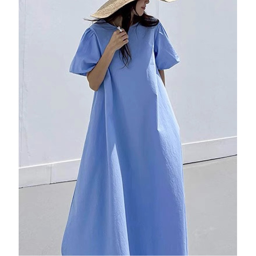 South Korea 2025 summer retro vacation style round neck loose casual long A-line puff sleeve flowing dress for women