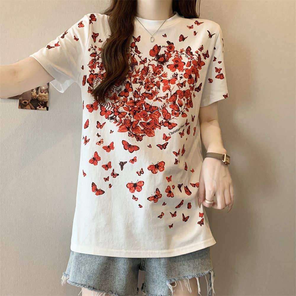 Real shot 21 pure cotton 210g100% cotton short-sleeved T-shirt women's print