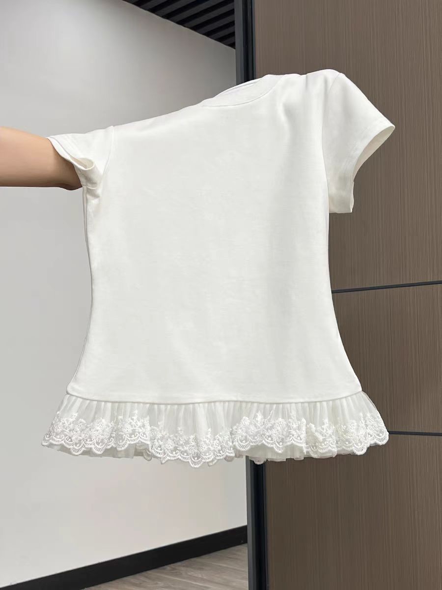 Sweet hot girl pure cotton three-layer lace round neck short-sleeved T-shirt for women in summer new pure inner layer top