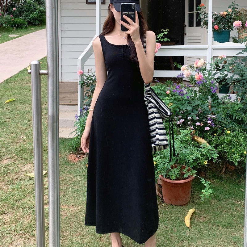 Real photo of black inner strap dress for women in summer pure texture high-end a-line long skirt sleeveless skirt