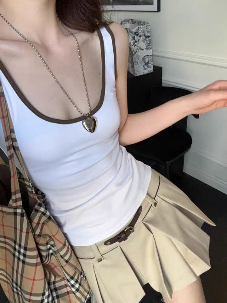 純棉 設計感韓系別致拼色吊帶背心女修身顯瘦高級感氣質獨特上衣