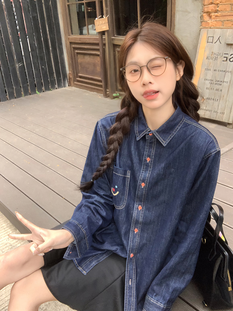 Real photo Korean retro front shoulder blue embroidered denim shirt new summer slim and lazy casual top