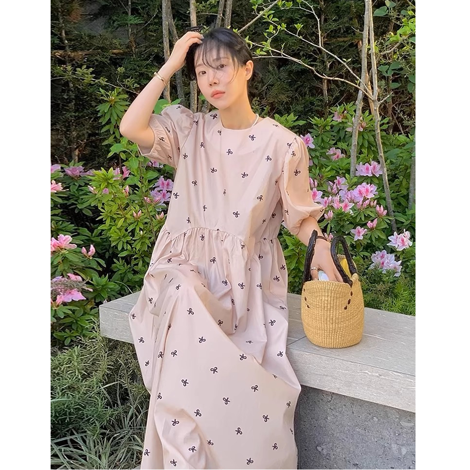 South Korea 2025 summer sweet age-reducing round neck bow printed spliced ​​loose casual puff sleeve dress for women