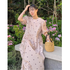South Korea 2025 summer sweet age-reducing round neck bow printed spliced ​​loose casual puff sleeve dress for women