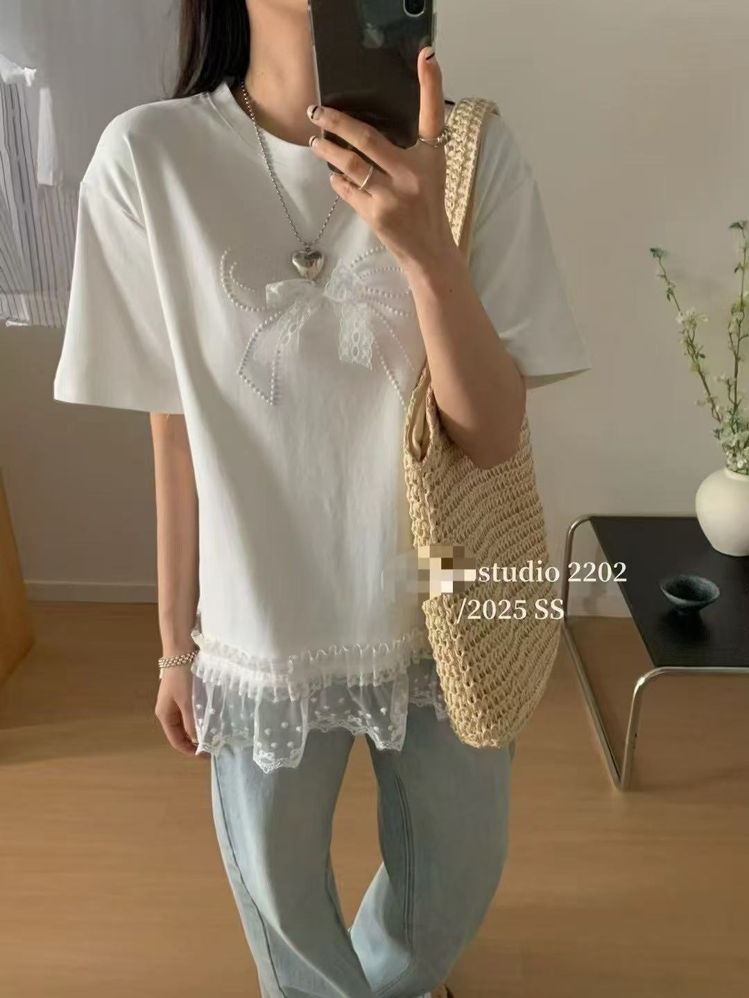 Lace bow nail bead lace front shoulder short sleeve women spliced ​​fungus lace 2025 summer top