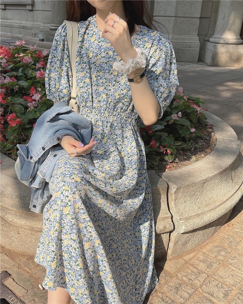 2025 summer Korean floral skirt puff sleeve French long skirt gentle first love skirt small fresh dress women